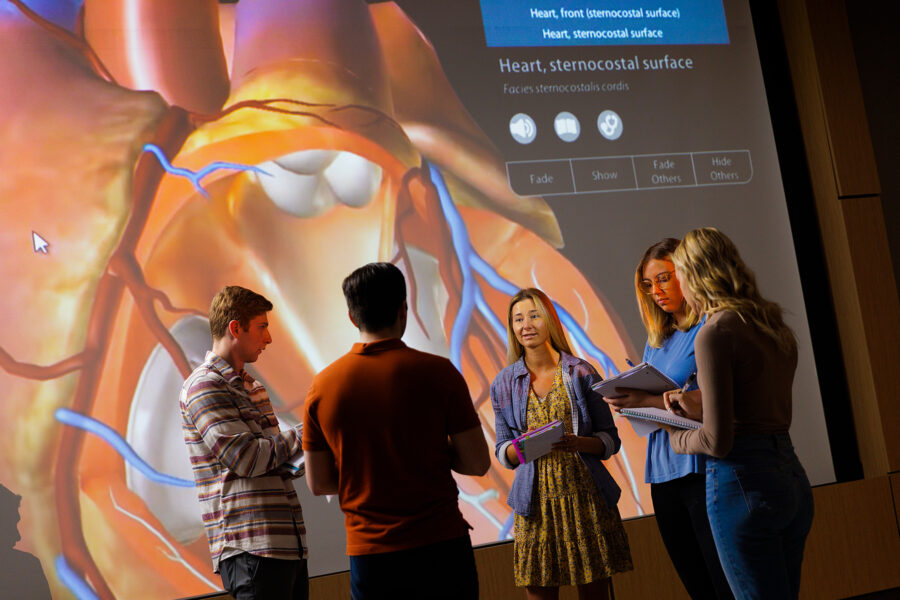 Group of students engage in conversation in classroom