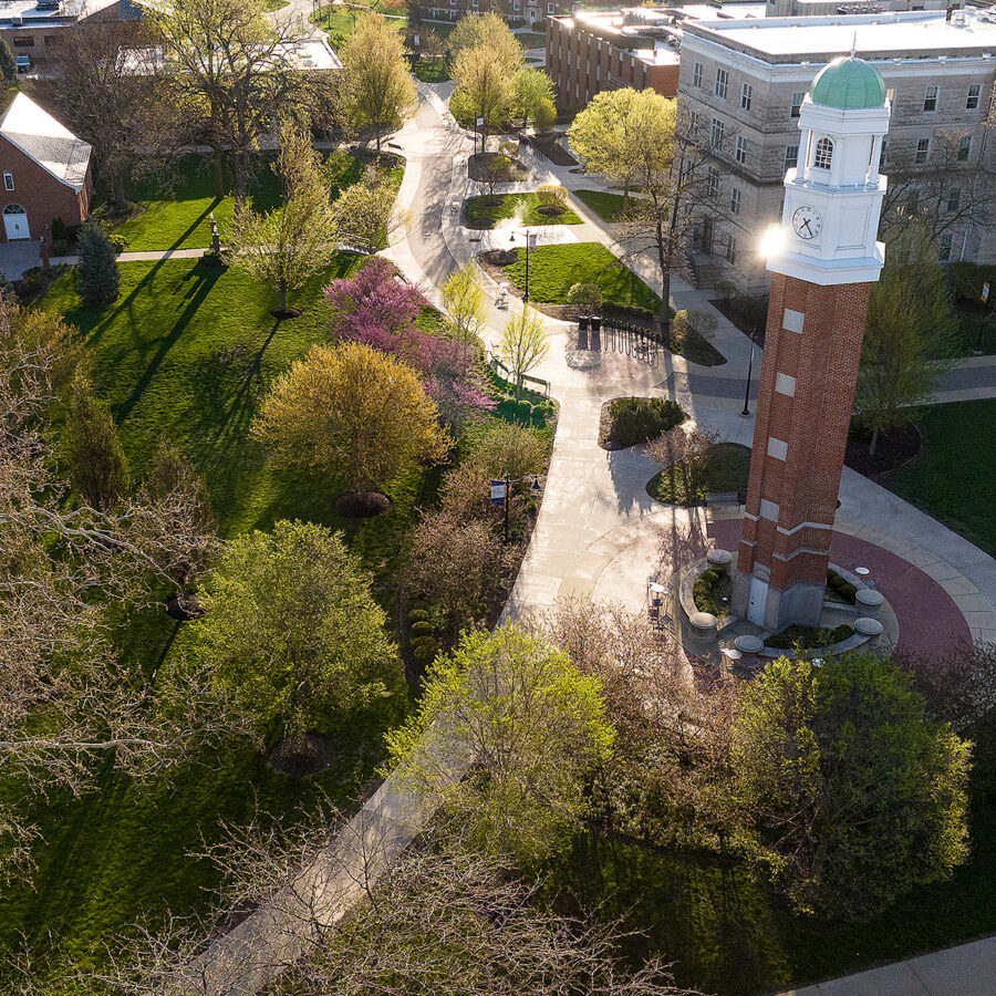 Aerial view of olivet's campus and the clocktower