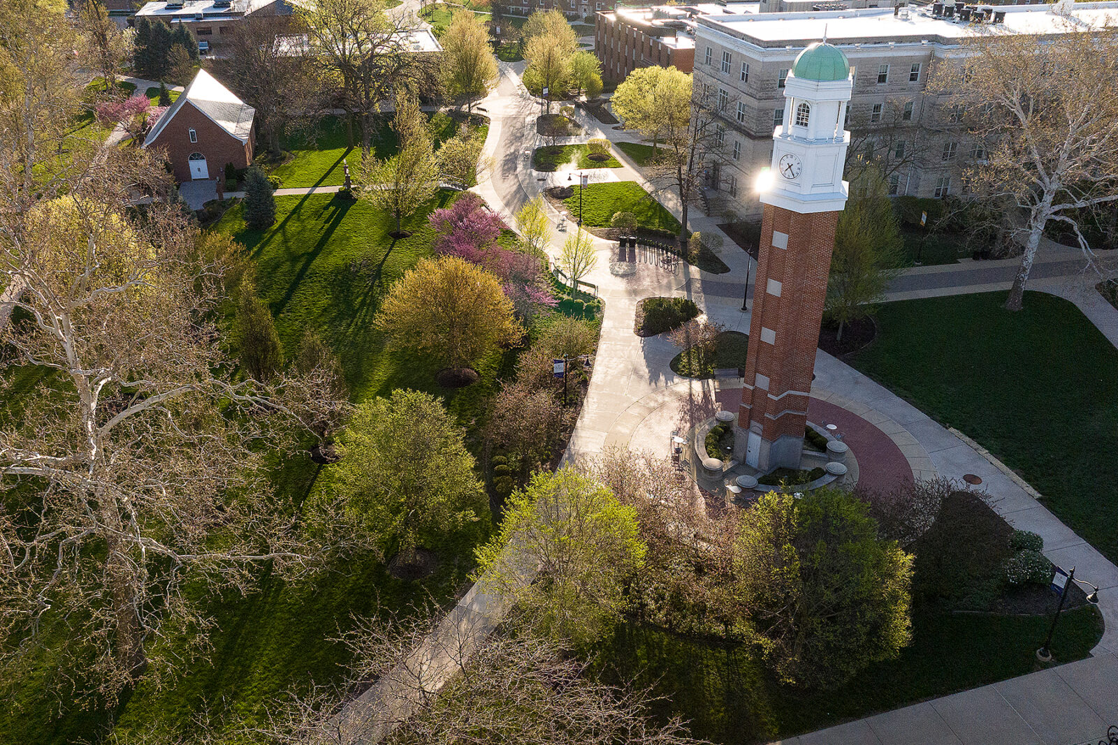 Aerial view of olivet's campus and the clocktower