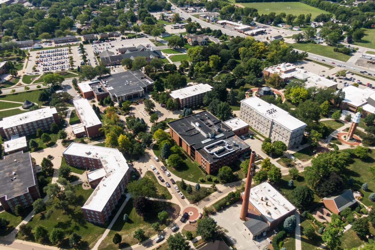 Aerial view of inner campus buildings