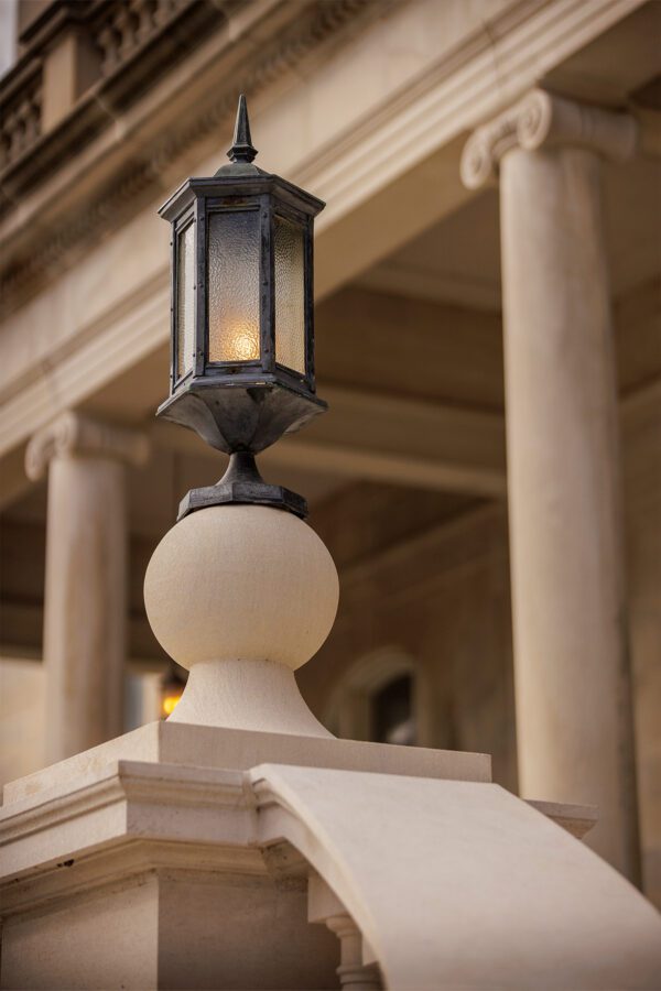 Detail shot of a lamp outside of Burke