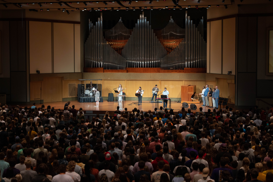 Wide shot of chapel service in Centennial Chapel