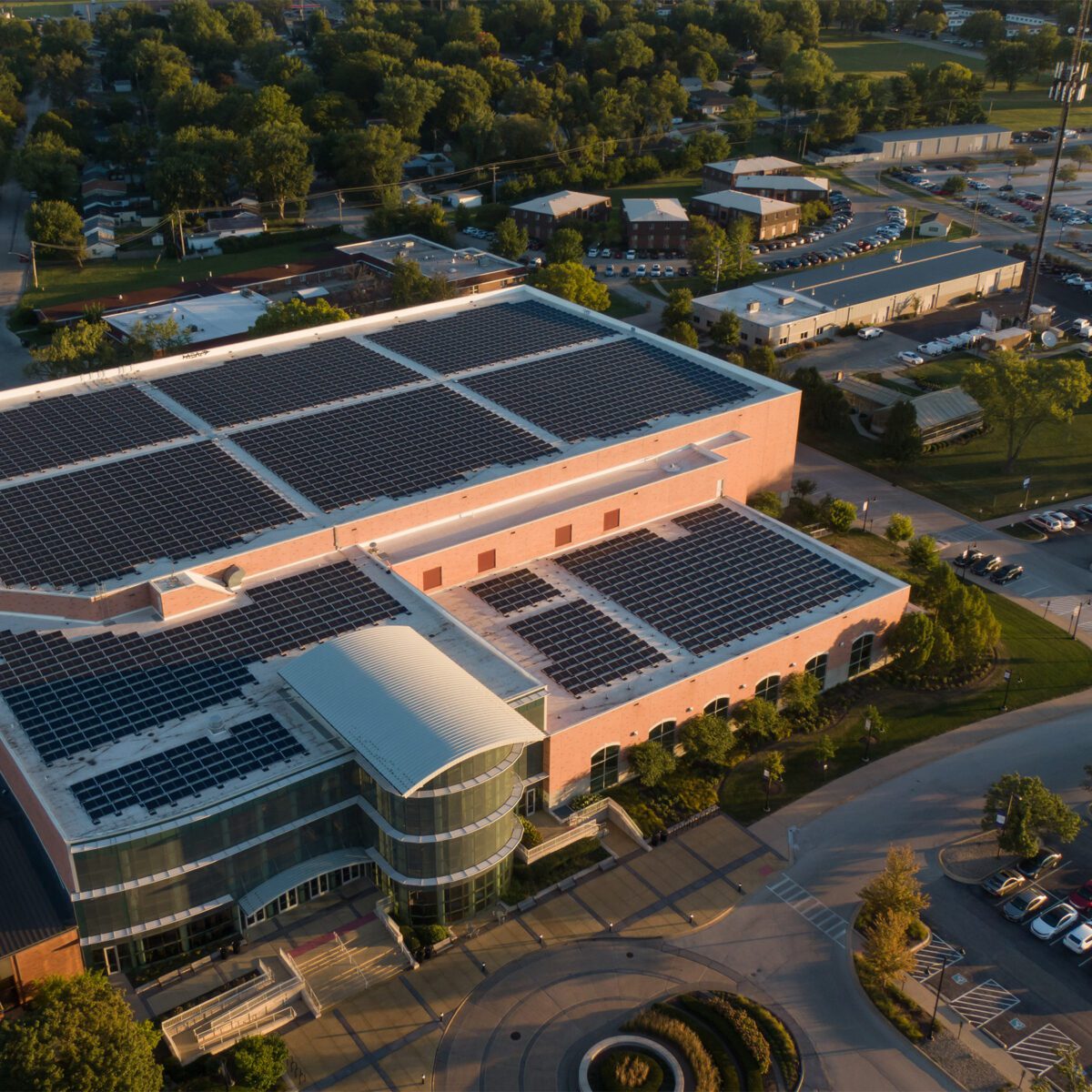 Aerial photo of solar panels on Perry Center