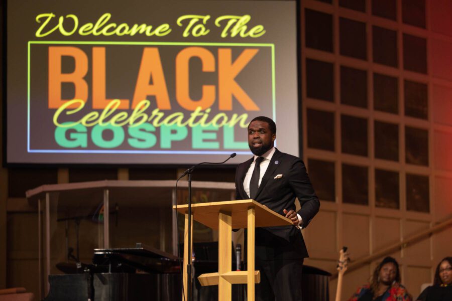 man speaking during. the Black Gospel Celebration