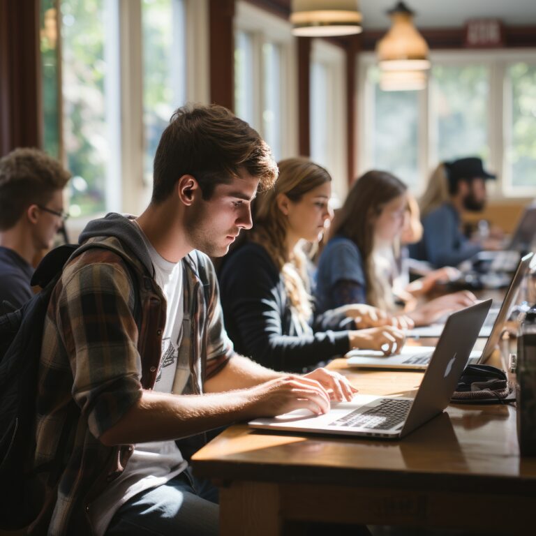 Group of students using laptops in library.
