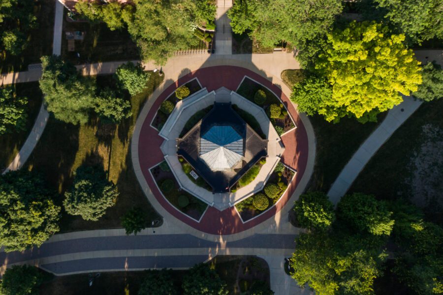 Olivet campus drone photo Strickler Planetarium