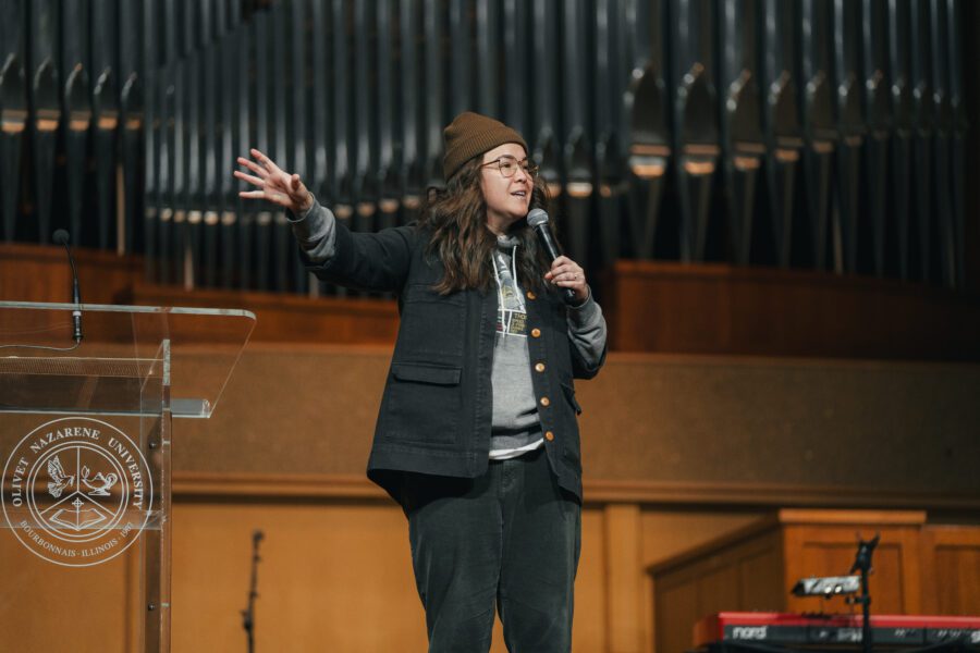 woman speaking in chapel