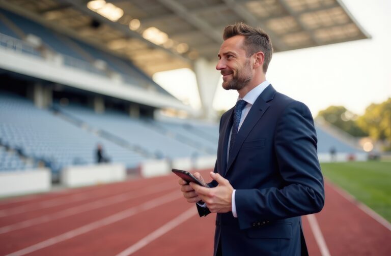 A Businessman Man At a Sports Stadium. Investing In Sports
