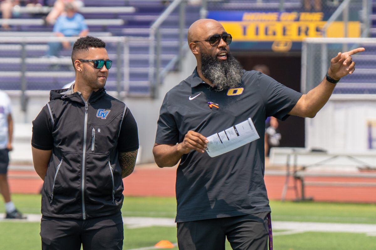 Coaches from Grand Valley State University and Olivet Nazarene University observe drills and give direction during the 2025 Avante Mitchell Football Mega Camp

