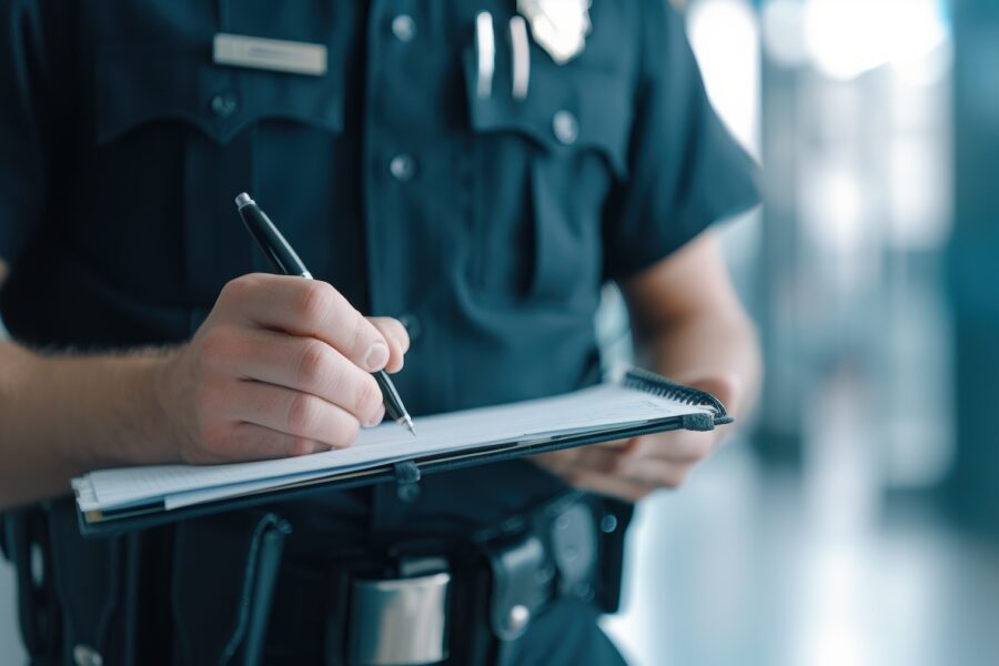 A police officer writes notes on a clipboard, showcasing law enforcement duties in a modern environment.