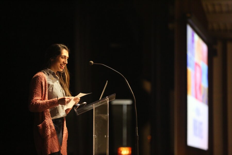 Mariah (Garratt) Vail speaking at an event