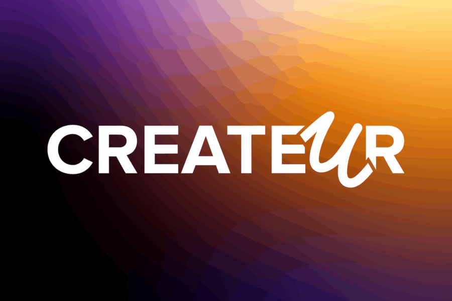 A graaphic with a purple and yellow background with the word Createur conference on the center of the graphic.