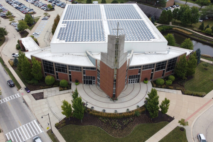An aerial view of Olivet's chapel and the solar panels on the roof