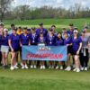 A picture of the Women's golf team with their coaches and families holding the CCAC Championship banner.