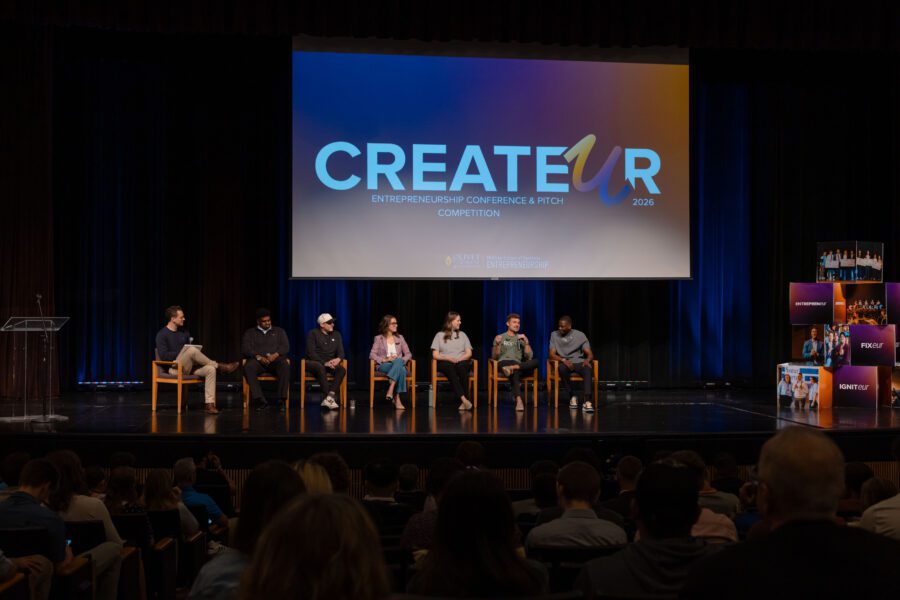 A picture of the speakers during a Q and A session