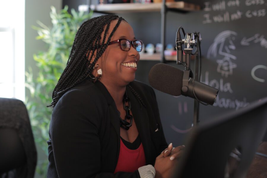 Sherri doing a podcast