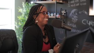 Sherri doing a podcast