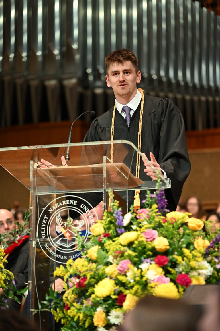 Eli speaking at the baccalaureate ceremony.