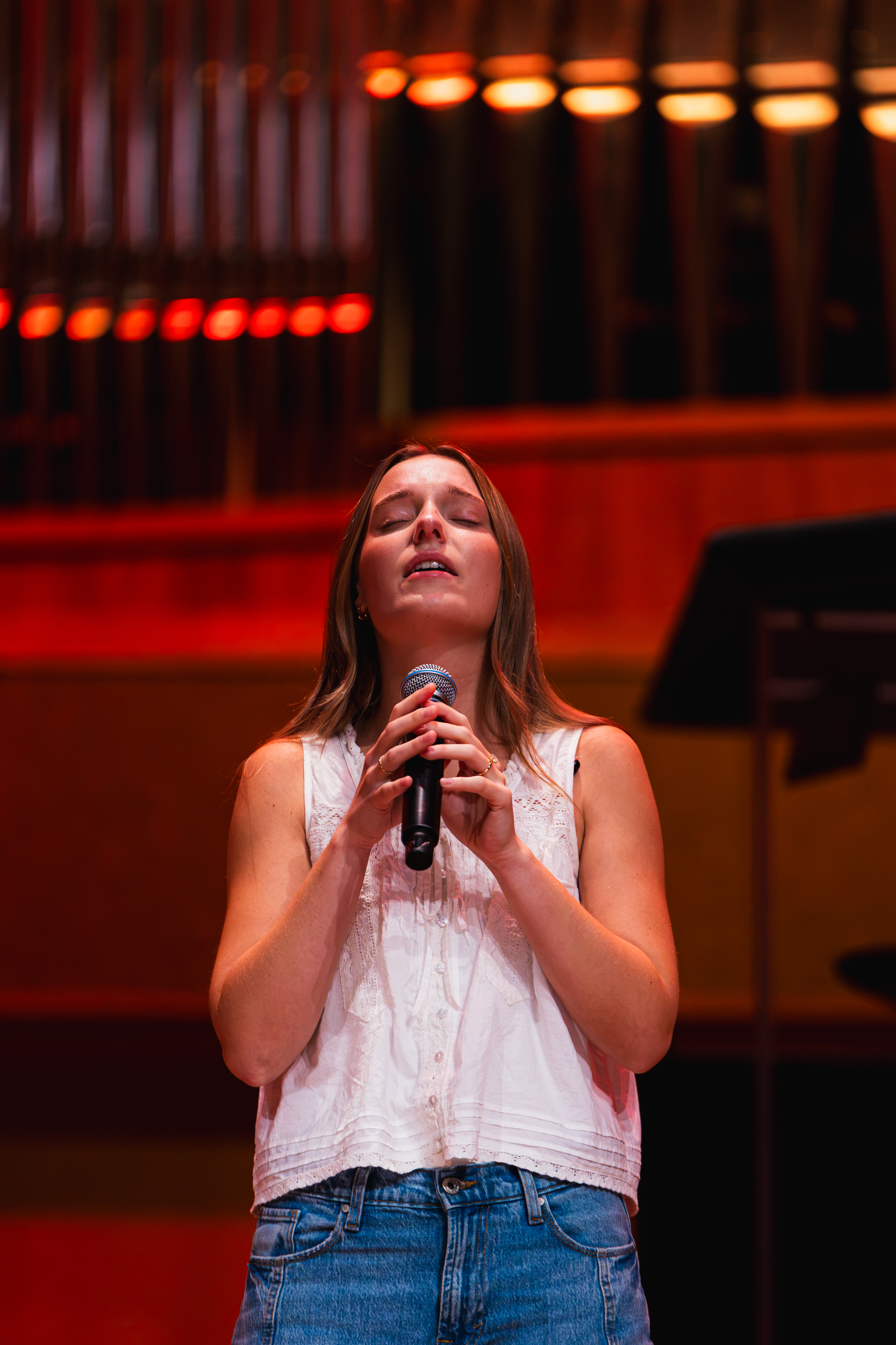 A picture of one of the singers on stage.